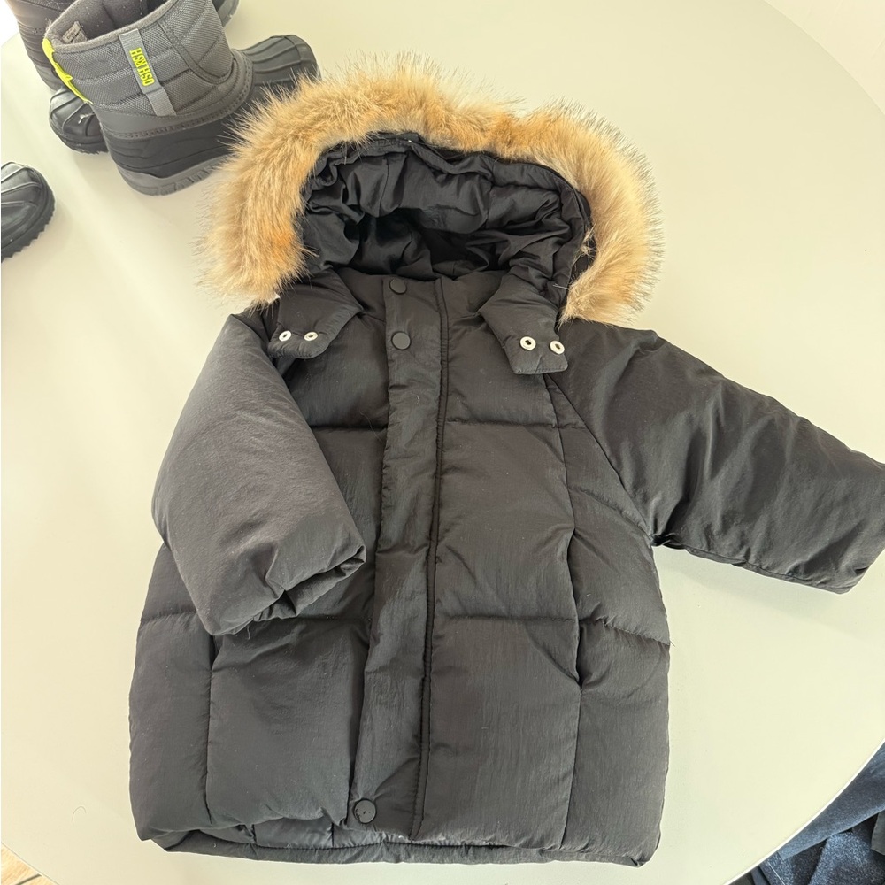 Zara Black Puffer Jacket with Tan Faux Fur Lining